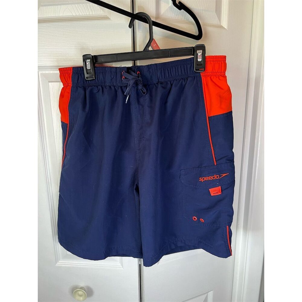 Speedo Men's Swim Trunks Navy/Orange Size L Swim Shorts with Drawstring
